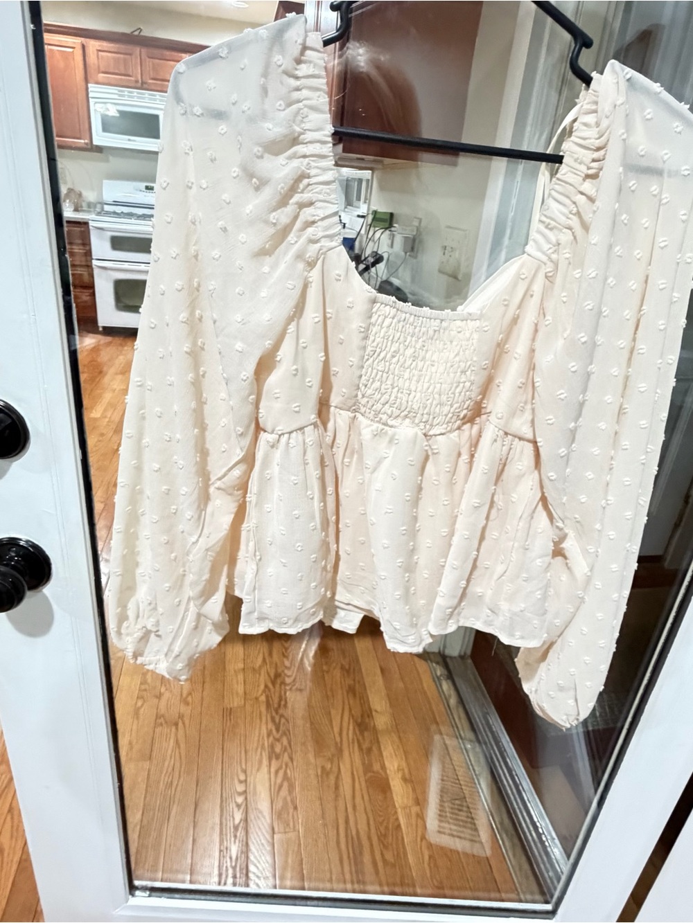 She + Sky Cream Swiss Dot Smocked Peasant Top